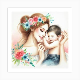 Mother and Child Watercolor Art Art Print