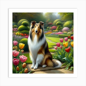 Collie Dog In The Garden With Flowers Art Print