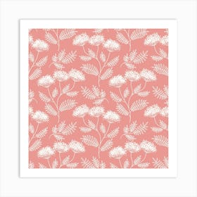 White Yarrow with Leaves on Pink, Pattern Art Print