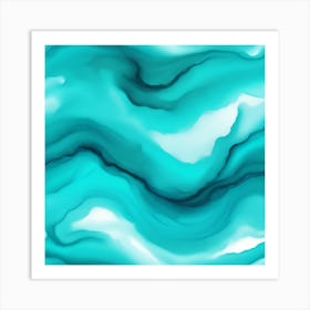 Beautiful turquoise azure abstract background. Drawn, hand-painted aquarelle. Wet watercolor pattern. Artistic background with copy space for design. Vivid web banner. Liquid, flow, fluid effect. Art Print