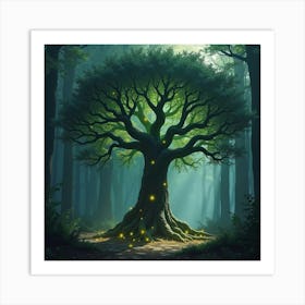 Ancient Tree With Glowing Runes In A Forgotten Forest 1 Art Print