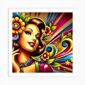 Colorful Girl With Flowers 2 Art Print