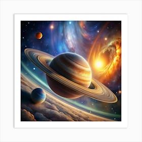 A close-up view of the planet Saturn with its rings, set against a galaxy. Art Print