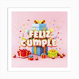 Feliz cumple and Feliz cumpleaños sign means Happy Birthday in Spanish language, Birthday party celebration gift with birthday cake candle colorful balloons best congratulation over light backgroundFeliz Cumple 2 Art Print