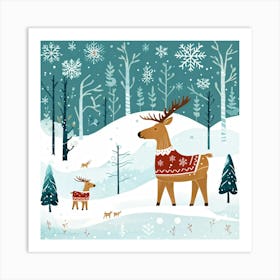 Illustration In A Scandinavian Style Depicting A Serene Winter Forest With A Baby Moose At Its Hear Art Print