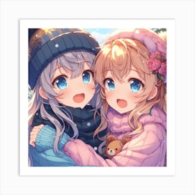 Two Anime Girls Hugging 2 Art Print