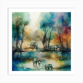 Elephants In The Water Art Print