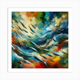 Sardines Gliding Through An Abstract Ocean Of Colors And Shapes, Style Abstract Expressionism 1 Art Print