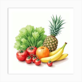 Watercolor Scene Of Fresh Veggies And Fruits In An Appealing, Artistic Arrangement 1 Art Print