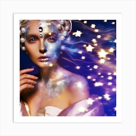 Beautiful Young Woman With Starry Sky Background Art Print