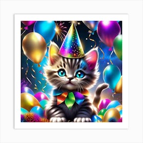 Birthday Kitten With Balloons Art Print