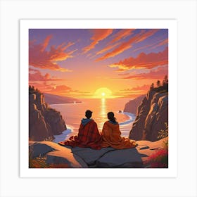 Ocean Sunset Beach With Couple Art Print (1) Art Print