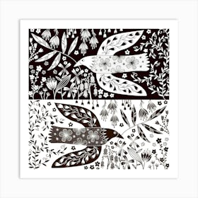 Peace Doves And Flowers Black and White Art Print