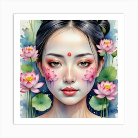 Asian Girl With Lotus Flowers 1 Art Print