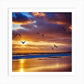 Sunset With Seagulls 1 Art Print