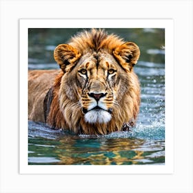 Lion In The Water Art Print