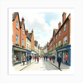 A Busy English High Street With Shoppers And Storefronts, Watercolor Style 1 Art Print