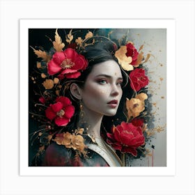 Chinese Woman With Red Flowers Art Print