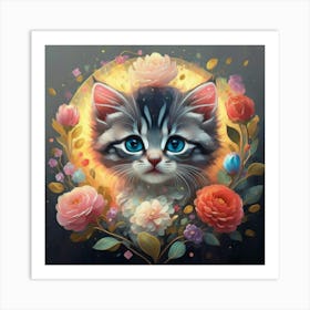 Cat With Flowers 2 Art Print