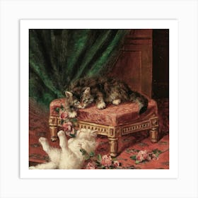 Two Cats Playing With Roses Art Print