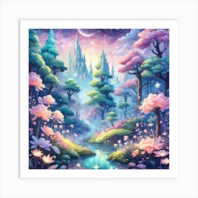 A Fantasy Forest With Twinkling Stars In Pastel Tone Square Composition 208 Art Print