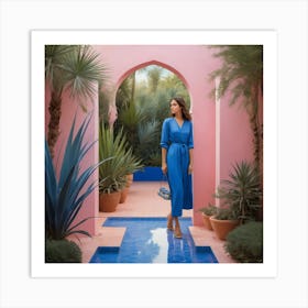 Woman In A Blue Dress in to the garden, In The Garden Art Print