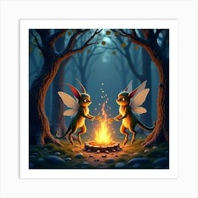 Fae Creatures Dancing Around A Magical Bonfire In An Enchanted Forest 1 Art Print