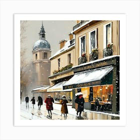 Paris cafes, winter season, Christmas, pale colors, pedestrians in the street, winter clothes, falling snow.1 Art Print