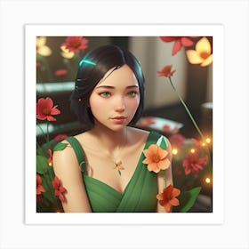 Asian Girl With Flowers Art Print