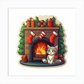 Christmas Cat In Front Of Fireplace Art Print