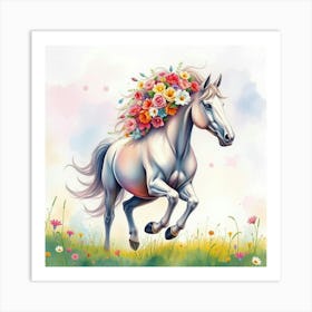 A Mystical Horse With A Mane Of Colorful Flowers Galloping In A Dreamy Watercolor Field Art Print