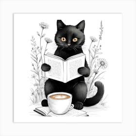 Black Cat Reading A Book Art Print