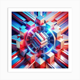 Abstract Metallic Geometric Structure With Red, Blue, And Silver Elements Art Print