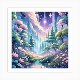 A Fantasy Forest With Twinkling Stars In Pastel Tone Square Composition 415 Art Print