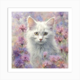 White Cat In Purple Flowers Art Print