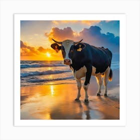 Cow On The Beach At Sunset Art Print