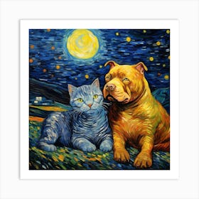 Dog And Cat Under The Starry Sky Art Print