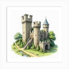 Historical Castle Ruins In Watercolor, Surrounded By Greenery And Ruins Art Print