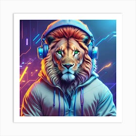 Lion With Headphones Art Print