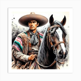 Mexican Cowboy In Poncho On A Horse Color Drawing 1 Art Print