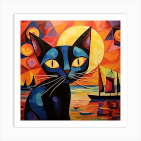 Blue Cat At Sunset Art Print