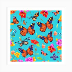 Seamless Pattern With Butterflies And Flowers 1 Art Print