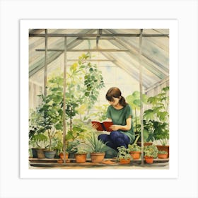 Girl Reading In Greenhouse Art Print