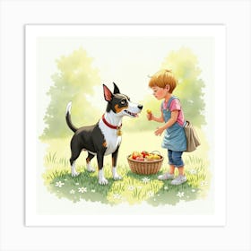 Watercolor Of A Bull Terrier And Child At A Family Barbecue 1 Art Print