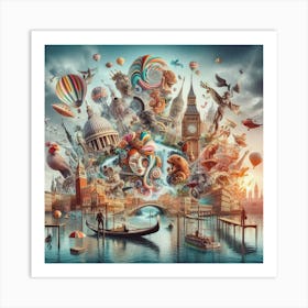 Surreal Digital Collage Merging Iconic Landmarks From Around The World With Whimsical Elements, Style Digital Surrealism 3 Art Print