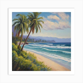 Hawaiian Beach, A Tranquil Beach Scene With Palm Trees And Gentle Waves art print Art Print