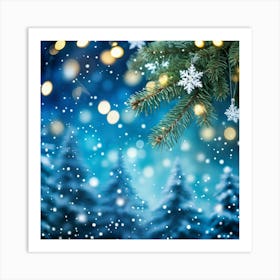 A Christmas Tree Branch Gleaming With Delicate Snowflakes In The Foreground A Merry Banner With Glo (3) Art Print