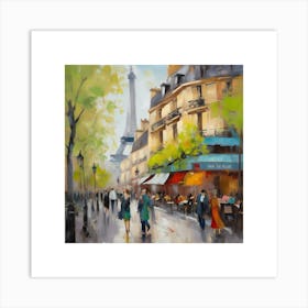 Paris Street Scene.Paris city, pedestrians, cafes, oil paints, spring colors. Art Print