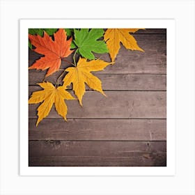 Autumn Leaves On Wooden Background Art Print