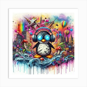 Penguin With Headphones 9 Art Print